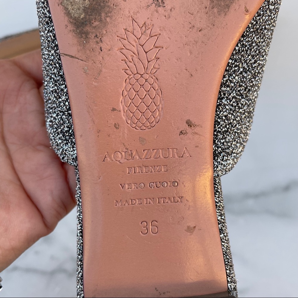 Aquazzura Powder Puff Pompom metallic silver lurex flat mules slippers size 36 - Picture 13 of 16